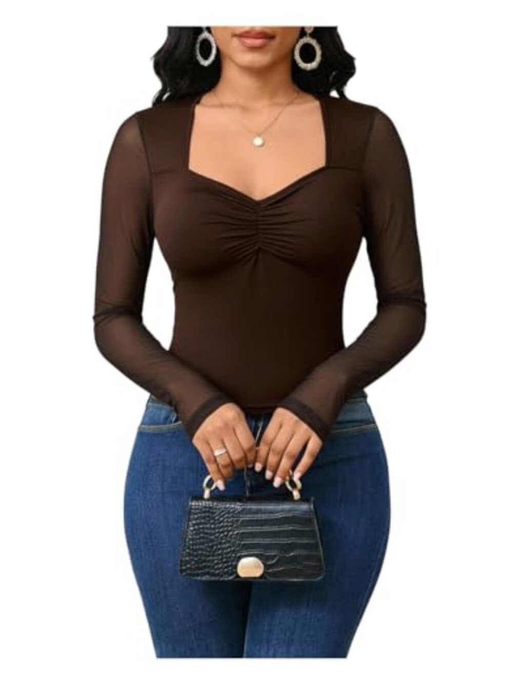 Mesh Long Sleeve Fitted T-Shirt Sweetheart Neck Ruched Top